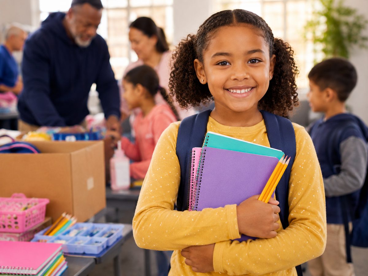 Student holding notebooks and pencils received through A Circle of Love back-to-school support