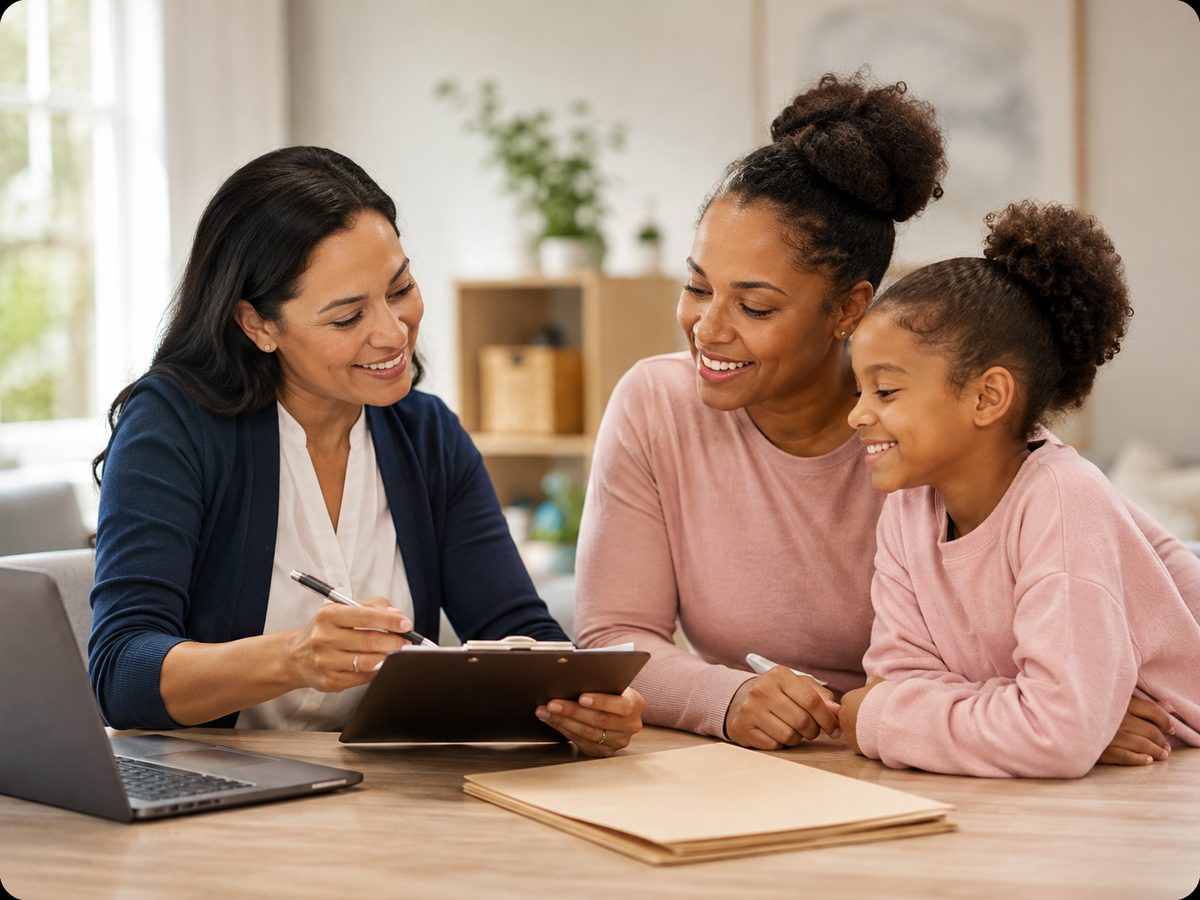 A Circle of Love case manager working through a stabilization plan with a mother and her daughter during emergency housing intake