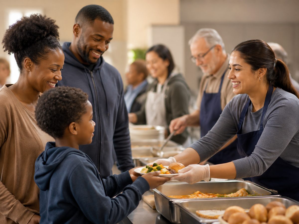 Volunteers serving hot meals to a family through the Hunger No Mo food outreach program