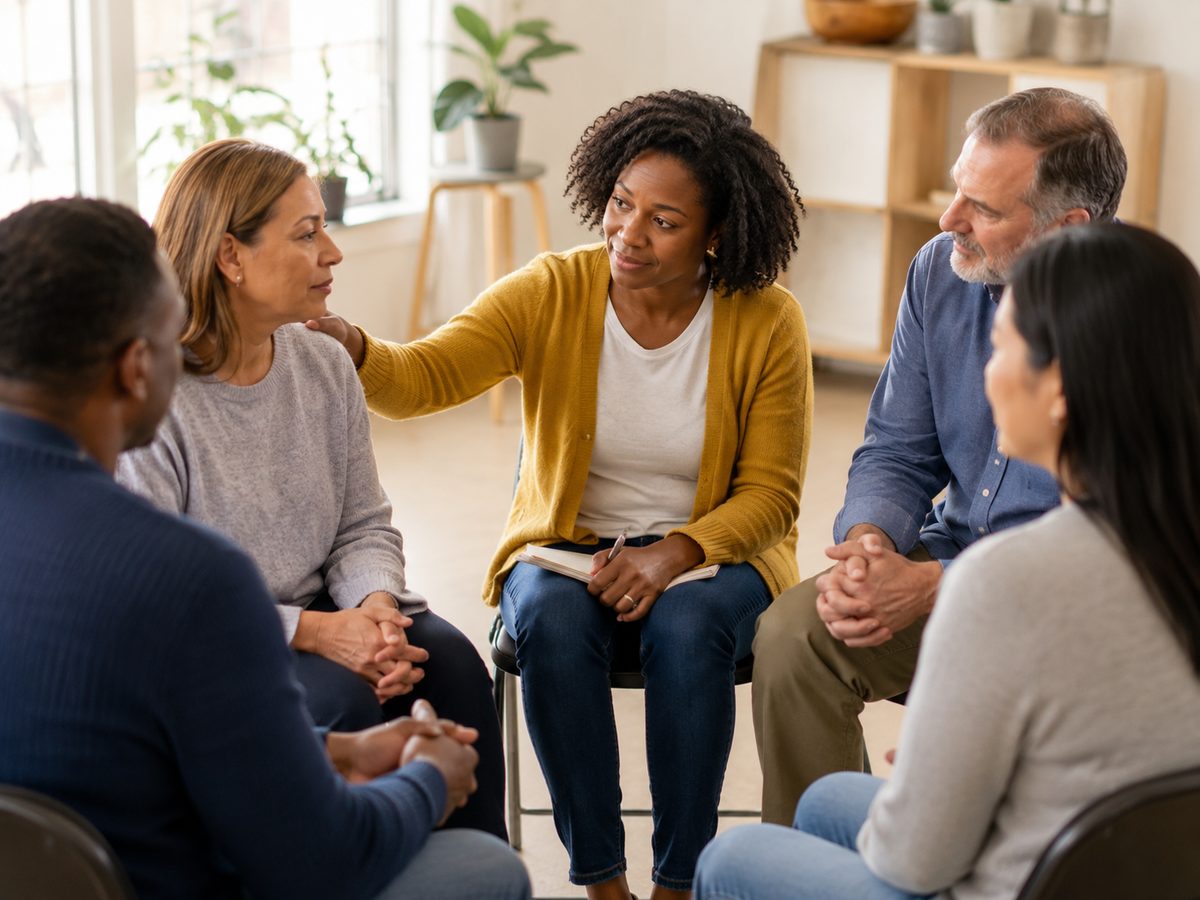 Community members seated in a circle during a mental health support group meeting